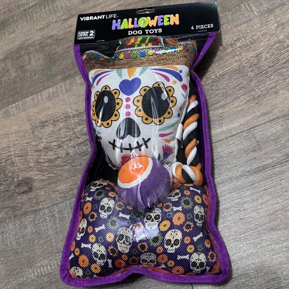 Vibrant Life Halloween Dog Toys 4 Piece Set Sugar Skull Day of the Dead Chew NWT
